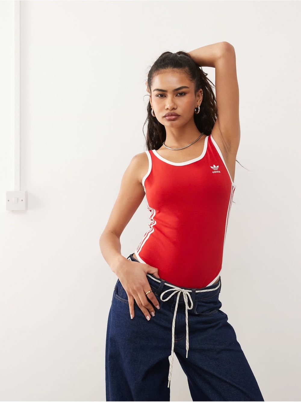 adidas original 3 Stripe Bodysuit in Better Scarlet M